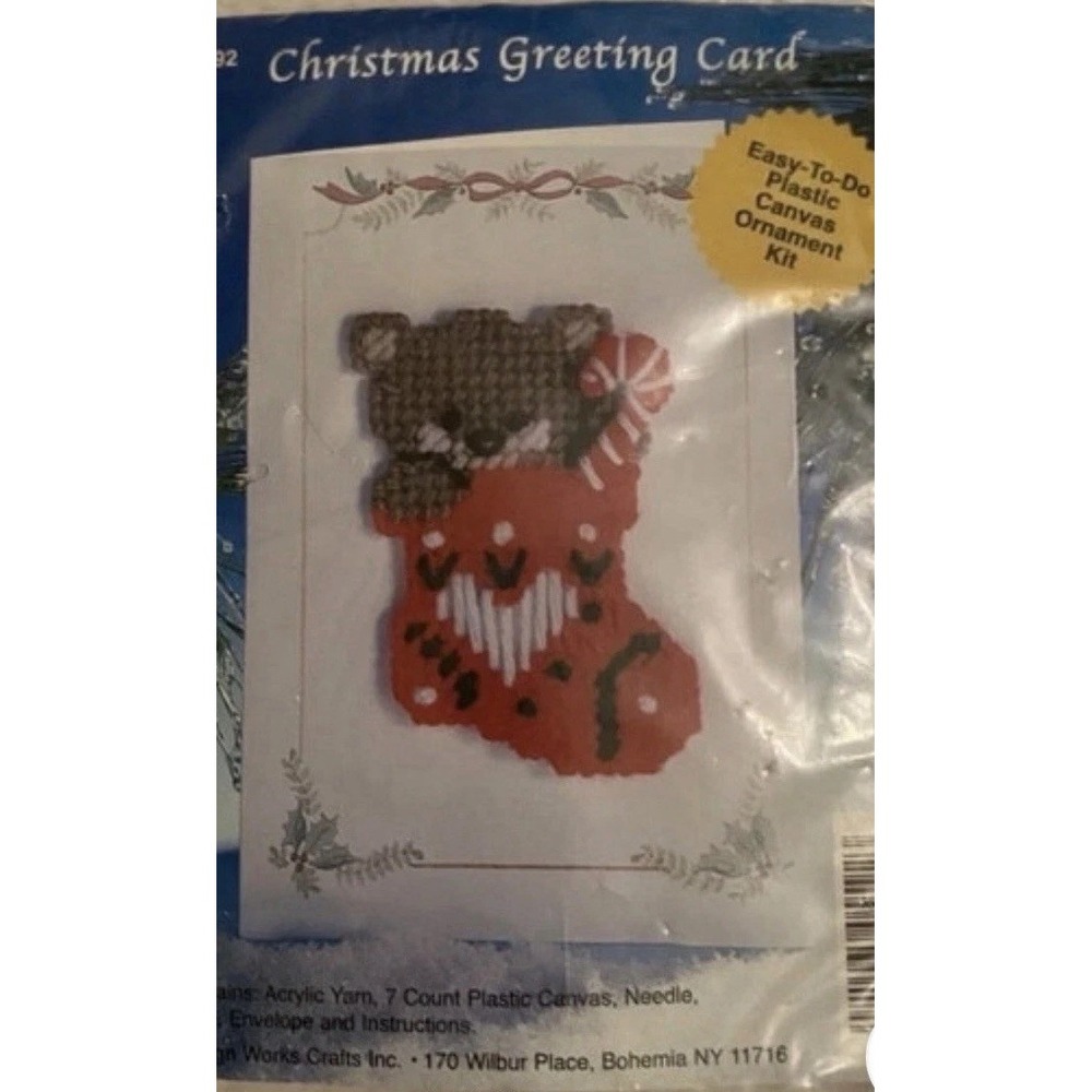 Design Works Cross Stitch Greeting Card Christmas Bear N Stocking Plastic Canvas
